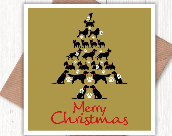 Merry Christmas dog tree card, for the dog lover in your life, black labradors