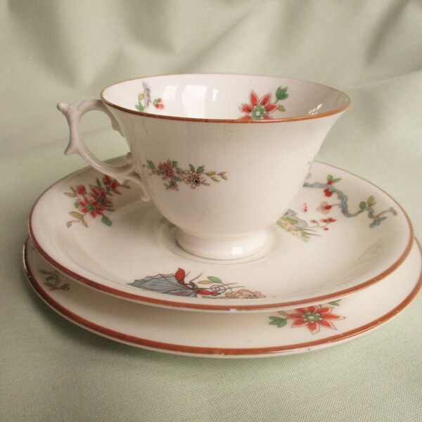 Royal Worcester Porzellan / Antik / viktorianischen / Trio / Tasse / Untertasse und Tee Platte / Schmetterling Muster / Sammlerstücke