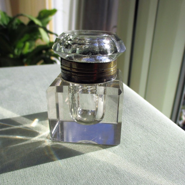 Antik / Glas schneiden / Tintenfass / Flasche Tinte / viktorianischen Glas / Messing Scharnier / Schreibtisch Dekor