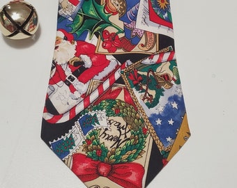 Vintage 1994 Silk Christmas Necktie, Nicole Miller, Merry Xmas Postcards