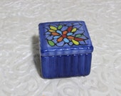 Ceramic Trinket Box, Vintage Hand Painted Jewelry Box, Blue and Rainbow Flower, Wedding Ring Box, Duncan Enterprises 1977