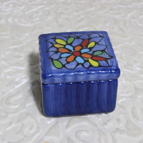 Ceramic Trinket Box, Vintage Hand Painted Jewelry Box, Blue and Rainbow Flower, Wedding Ring Box, Duncan Enterprises 1977