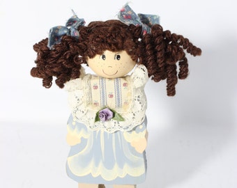 Carved Wood Doll Figurine, Vintage Brown Curly Hair Country Look Doll Hand Painted