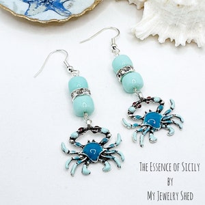 Blue Crab Earrings, Quartz Gemstone Earrings, Enamel Crab, Sea Life Beach Jewelry, Summer Jewelry, Coastal Jewelry Gift for Beach Lover
