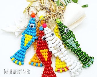 Beaded Fish Keychain: Glass Seed Bead Bag Charm - Coastal Accessory