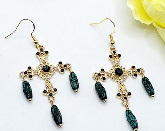 Ornate Cross Dangle Earrings: Victorian Style, 18K Plated, Faith Jewelry