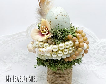 Glass Pearl Bird Nest with Faux Egg, Decorative Jeweled Nest for Easter, Spring Decor, Farmhouse Easter, Easter Basket Gift, Bird Lover Gift