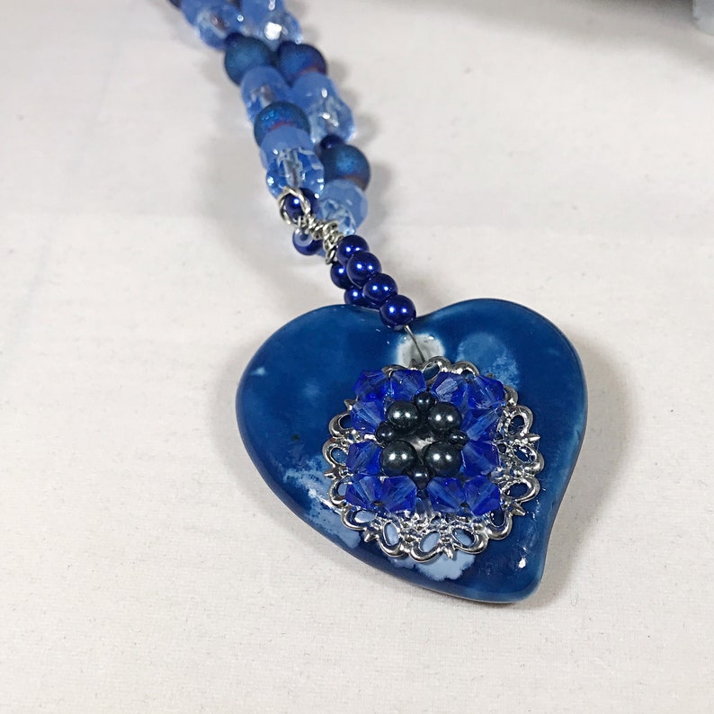 Blue Heart Pendant Key to my Heart Blue Necklace Heart Necklace Ceramic Heart Valentine Jewelry Gifts Long Necklace