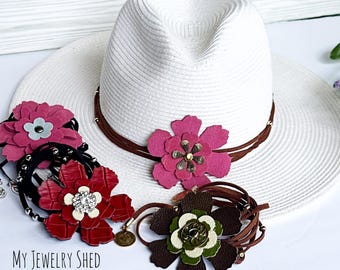 Leather Flower Hatband: Adjustable Boho Hat Tie