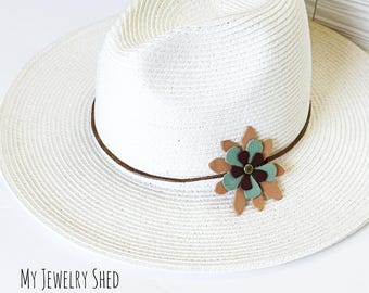 Leather Flower Hatband: Adjustable Boho Hat Tie