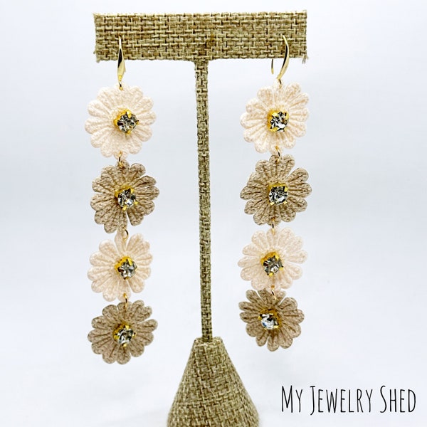 Flower Applique Long Earrings, Neutral Boho Earrings, Doily Earrings, Wedding Jewelry, Lace Crochet Jewelry,  Unique Birthday Gift for Women