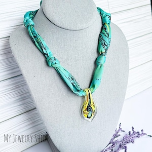 Scarf Charm Necklace with Lampwork Drop, Silk Scarf Tie, Knotted Summer Scarf Necklace, Bandana Style Scarf Necklace, Mothers Day Gift