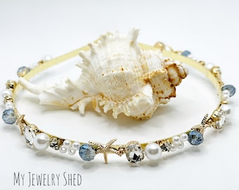 Beaded Mermaid Headband, Coastal Crystal Bridal Crown 