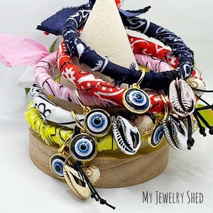Bandana Bangle Bracelet with Charms, Boho Bandana Fabric Wrap Bracelet, Cowrie Shell, Evil Eye, Festival Jewelry, Birthday Gift for Her