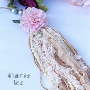 Whimsical Silk and Floral Tassel, Shabby Chic Doorknob Tassel, Yarn Art Object, Lace Style Tassels, Baby Shower Gift, Nursery Room Decor
