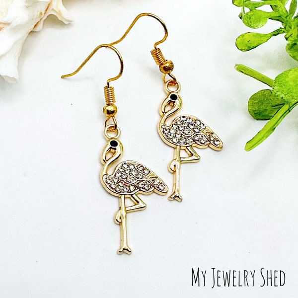 Rhinestone Flamingo Earrings, Gold Flamingo Crystal Earrings, Tropical Bird Jewelry, Resort Earrings, Vacation Gift, 18K Gold Ear wire