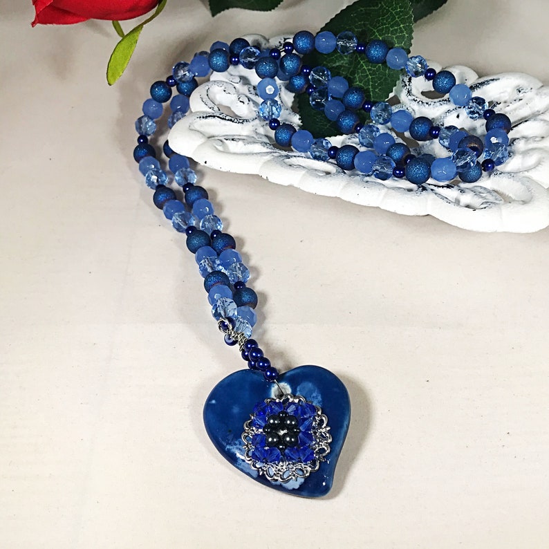 Blue Heart Pendant Key to my Heart Blue Necklace Heart Necklace Ceramic Heart Valentine Jewelry Gifts Long Necklace