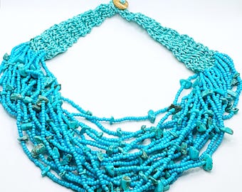 Turquoise Bead Crochet Necklace: Chunky Multi Strand Bib Necklace