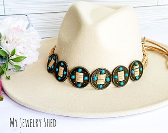 Bronze Concho Hatband: Turquoise Cowboy Western Hatband