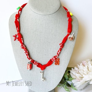 Red Bandana Necklace with Summer Charms, Junk Food Charms, Knotted Scarf Necklace, Bandana Style Scarf Wrap, Birthday Gift for Sister