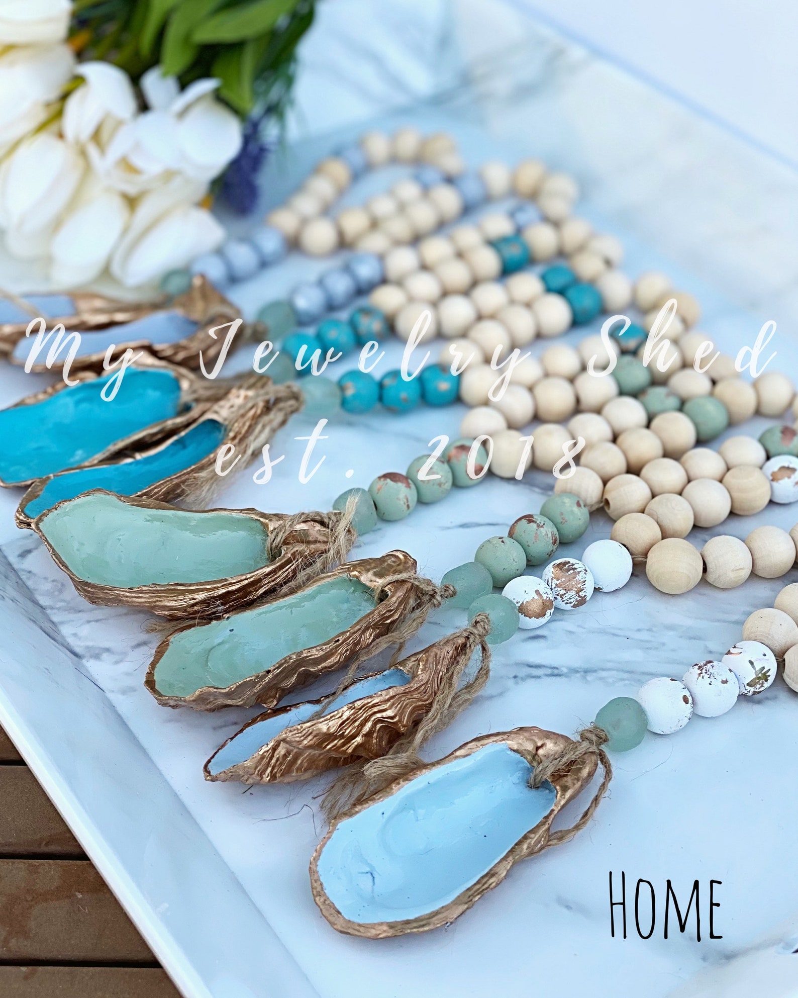 Oyster Shell Wood Bead Garland/Seaglass Garland/Coastal | Etsy