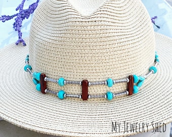 Turquoise & Wood Beaded Hatband: Adjustable Leather Hat Jewelry
