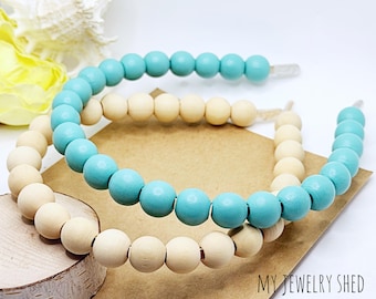 Natural Wood and Turquosie  Bead Headband: Boho Beach Hair Accessory