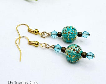 Turquoise Patina Filigree Dangle Earrings: Boho Aqua Crystal Jewelry