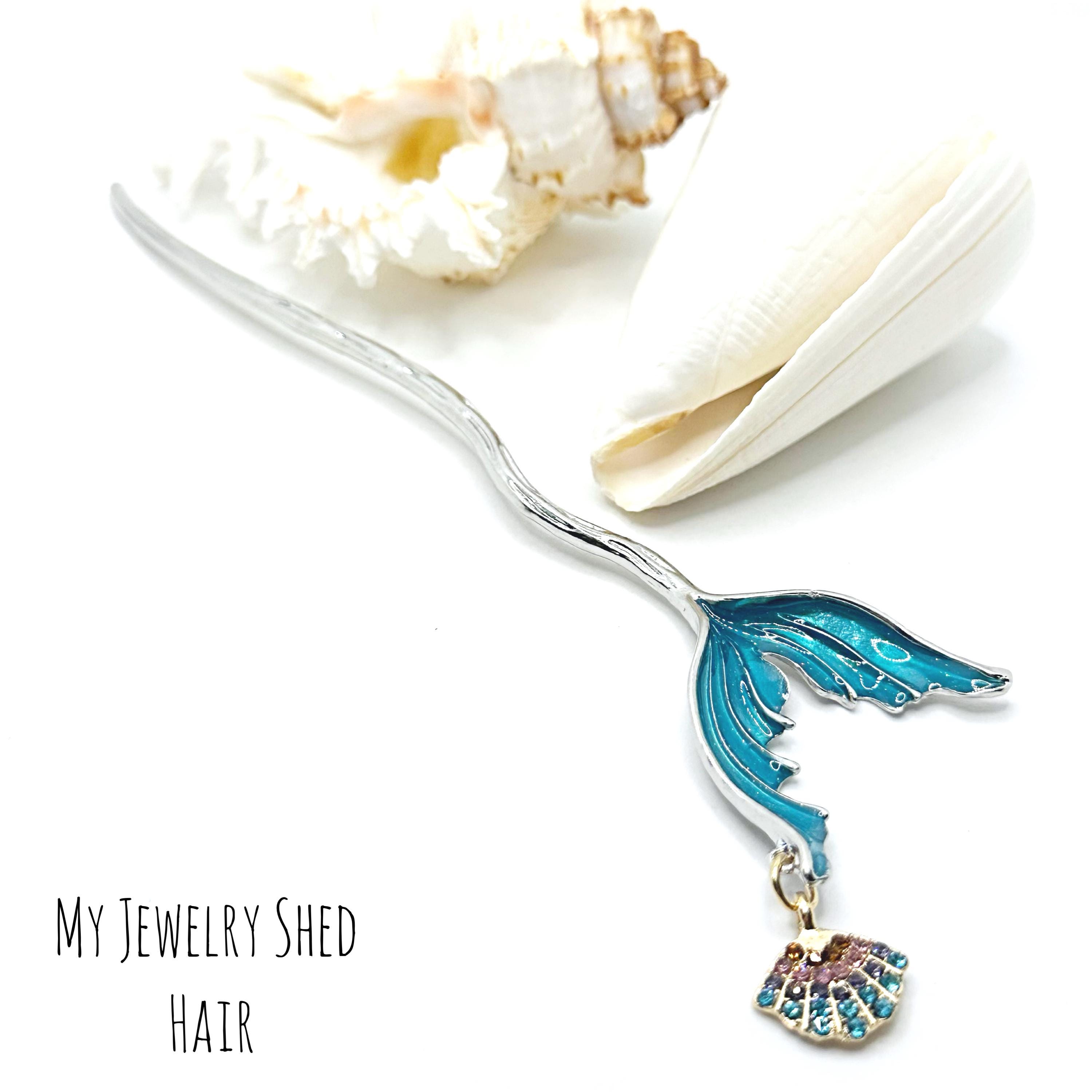Mermaid Tail Hair Stick: Rhinestone Shell Charm, Coastal  display picture 1