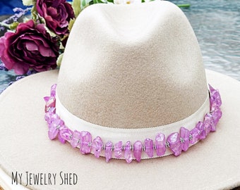 Crystal Quartz Hatband, Gemstone Hatband, Pink Quartz Hat Jewelry, Western Cowboy Hatband, Wedding Hatband, Birthday Gift for Hat Lover Gift