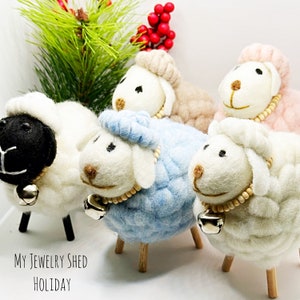 Wool Felted Sheep Ornament: Farmhouse Easter Lamb with Jingle Bell