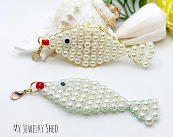 Beaded Pearl Fish Charm: Beach Bag Accessory, Coastal Keychain