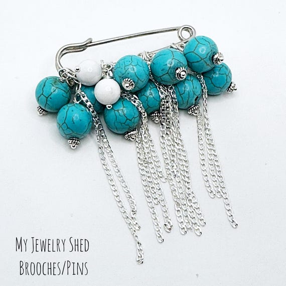 Turquoise Cluster Safety Pin Brooch With Chain, Beaded Pin for