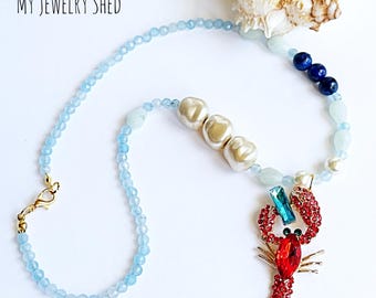 Aquamarine Lobster Pendant Necklace: Pearl and Crystals, Sealife Coastal Jewelry