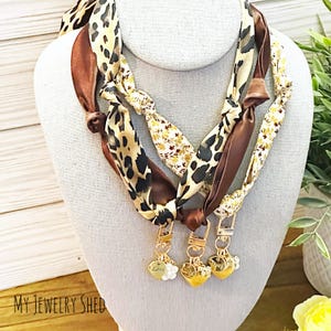 Scarf Necklace with Heart, Love, and Flower Charm, Silk Scarf Tie, Knotted Scarf Bracelet, Bandana Style Scarf Necklace, Mothers Day Gift