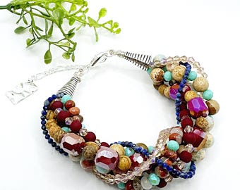 Chunky Jasper Gemstone Bracelet: Multi Strand Boho Statement Jewelry