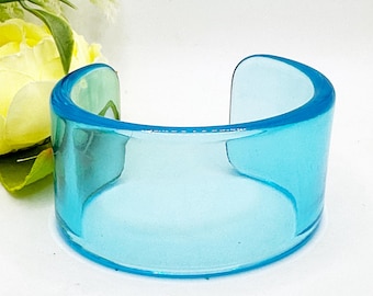 Blue Lucite Open Cuff Bracelet, Retro Chunky Bangle, Statement Jewelry