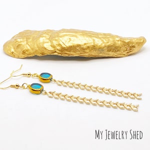 Art Deco Style Long Chain Earrings: 18k Gold Plated, Something Blue