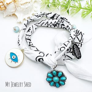 White and Black Wrap Bandana Bracelet with Charms, Boho Chic Bandana Necklace, Flower, Evil Eye,  Festival Jewelry, Birthday Gift for Sister