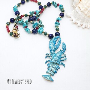 Blue Lobster Pendant, Coastal Statement Jewelry, Lapis, Turquosie and Agate Gemstone Necklace, Beach Lover Gift, Summer Jewelry