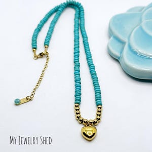 Turquoise Beaded Necklace: Gold Heart Charm, Dainty Jewelry