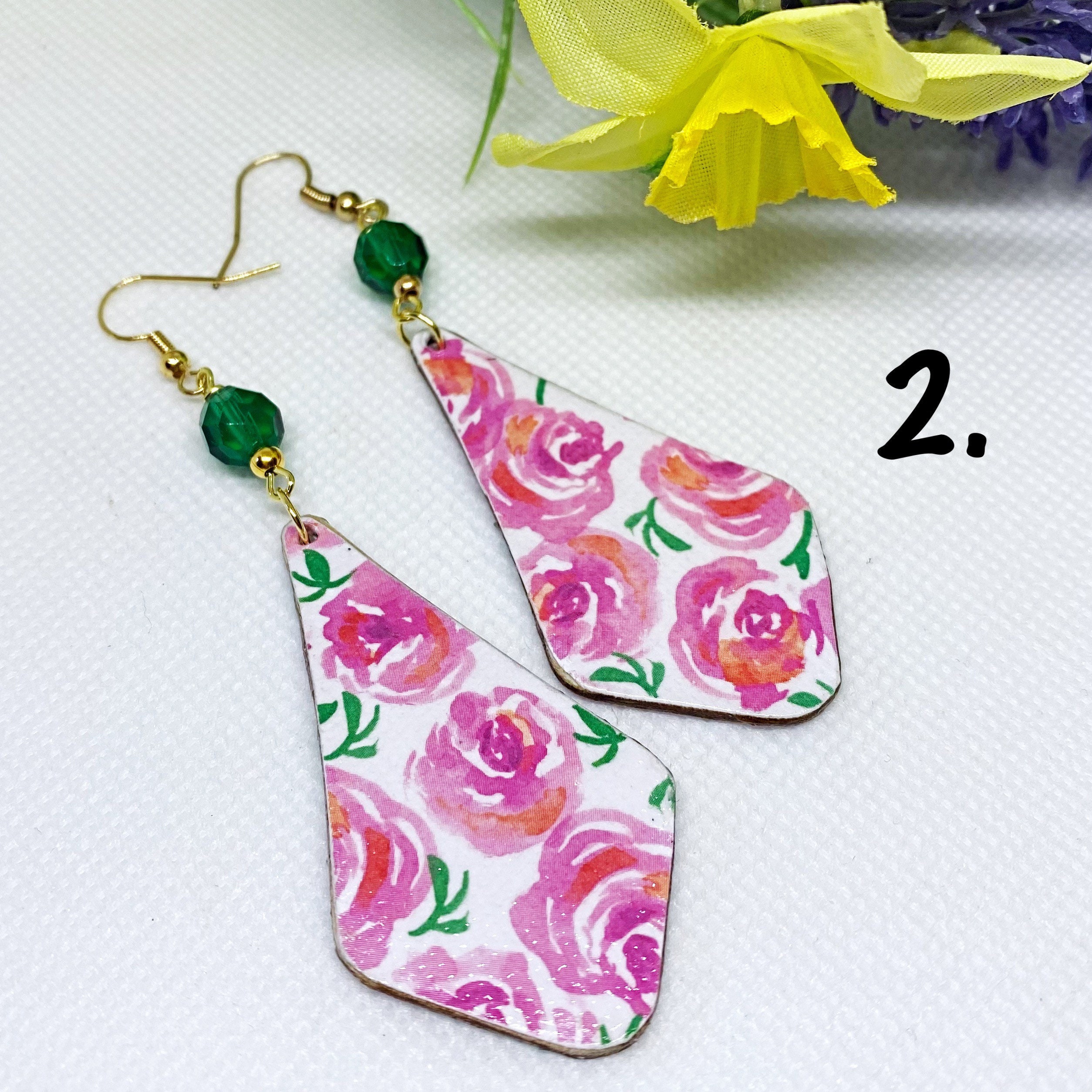 Floral Wood Shape Earrings/decoupage Wood Earrings/lightweight Etsy