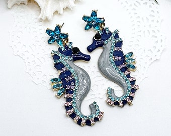 Enameled Seahorse Earrings, Rhinestone Seahorse Earrings, Under the Sea Jewelry, Vacation Jewelry, Beach Lover Gift, Birthday Gift for Her