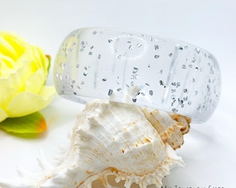 Transparent Resin Bangle Bracelet with Sparkles: Chunky Silver Acrylic Jewelry
