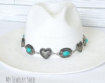 Turquoise Concho Heart Hatband: Adjustable Cowgirl Western Style
