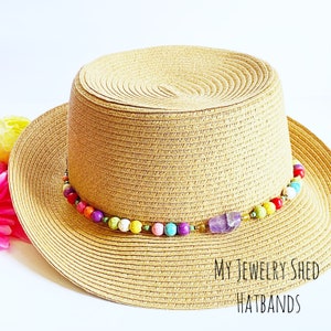 Amethyst Gemstone Beaded Hatband, Colorful Hatband, Summer Hat Jewelry, Hat Wrap, Concert Hatband, Country Wedding Hatband, Hat Lover Gift
