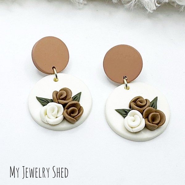 Rose Sculpted Polymer Clay Earrings, Spring Earrings, Neutral Rose Earrings, Clay Jewelry, Garden Lover Gift, Mothers Day Earrings