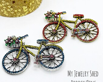 Colorful Rhinestone Bicycle Brooch, Vintage Inspired Bike Pin with Basket, Birthday Gift for Cyclists, Spring Jewelry, Gifts under 20