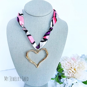 Geometric Print Scarf Necklace: Silky Polyester Tie with Heart Charm