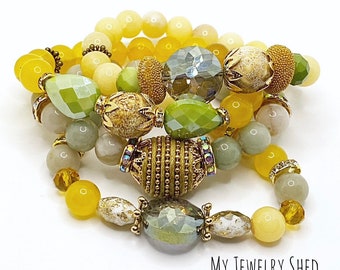Yellow Jade & Czech Glass Beaded Bracelet: Boho Gemstone Jewelry